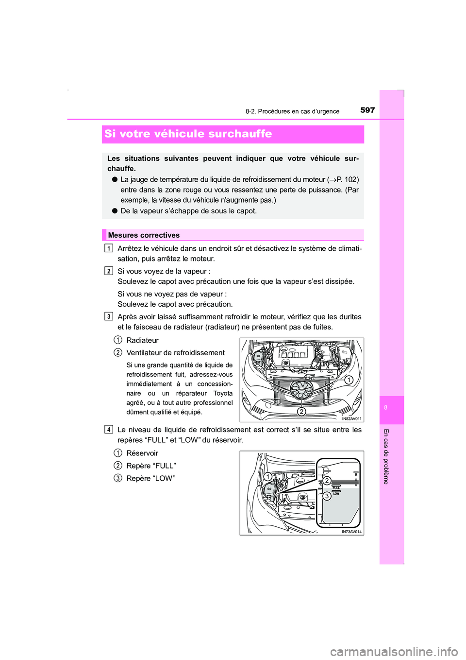 TOYOTA AVENSIS 2015  Manuel du propriétaire (in French) 5978-2. Procédures en cas d’urgence
AVENSIS_OM_OM20C21K_(EK)
8
En cas de problème
Si votre véhicule surchauffe
Arrêtez le véhicule dans un endroit sûr et désactivez le système de climati-
sa