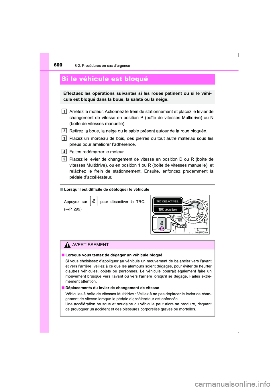 TOYOTA AVENSIS 2015  Manuel du propriétaire (in French) 6008-2. Procédures en cas d’urgence
AVENSIS_OM_OM20C21K_(EK)
Si le véhicule est bloqué
Arrêtez le moteur. Actionnez le frein de stationnement et placez le levier de
changement de vitesse en posi