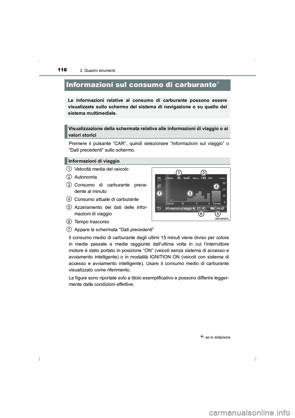 TOYOTA AVENSIS 2015  Manuale duso (in Italian) 1182. Quadro strumenti
AVENSIS_OM_OM20C24L_(EL)
Infor mazioni sul consumo di carburante∗
Premere il pulsante “CAR”, quindi selezionare “Informazioni sul viaggio” o
“Dati precedenti” sull