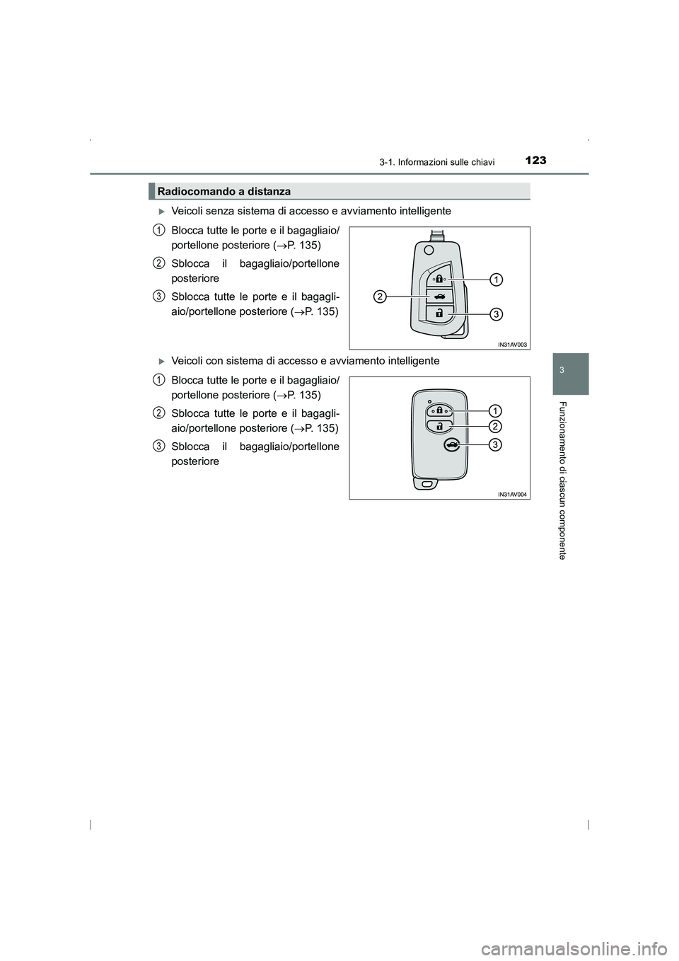 TOYOTA AVENSIS 2015  Manuale duso (in Italian) 1233-1. Informazioni sulle chiavi
3
Funzionamento di ciascun componente
AVENSIS_OM_OM20C24L_(EL)
�XVeicoli senza sistema di accesso e avviamento intelligente
Blocca tutte le porte e il bagagliaio/
por