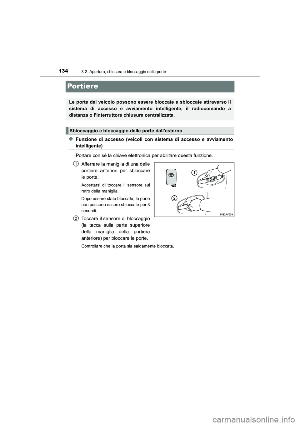TOYOTA AVENSIS 2015  Manuale duso (in Italian) 1343-2. Apertura, chiusura e bloccaggio delle porte
AVENSIS_OM_OM20C24L_(EL)
Por tiere
◆Funzione di accesso (veicoli con sistema di accesso e avviamento
intelligente)
Portare con sé la chiave elett