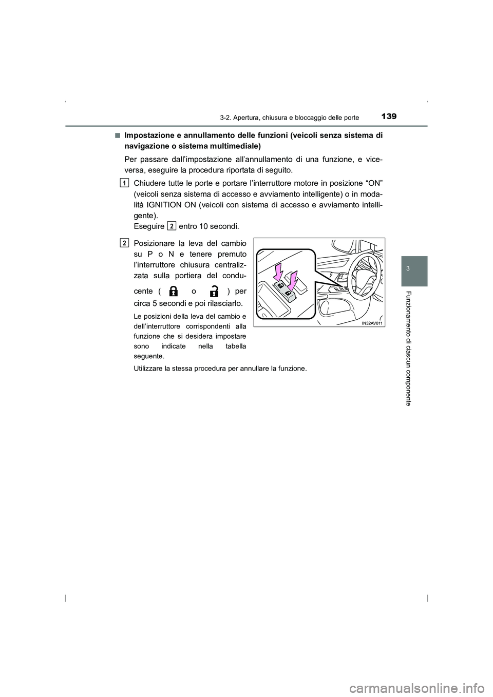 TOYOTA AVENSIS 2015  Manuale duso (in Italian) 1393-2. Apertura, chiusura e bloccaggio delle porte
3
Funzionamento di ciascun componente
AVENSIS_OM_OM20C24L_(EL)■
Impostazione e annullamento delle funzioni (veicoli senza sistema di
navigazione o