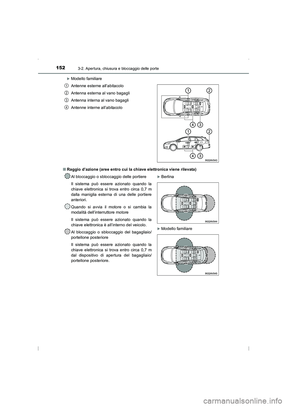 TOYOTA AVENSIS 2015  Manuale duso (in Italian) 1523-2. Apertura, chiusura e bloccaggio delle porte
AVENSIS_OM_OM20C24L_(EL)
�XModello familiare
■ Raggio d’azione (aree entro cui la chiave elettronica viene rilevata)Antenne esterne all’abitac