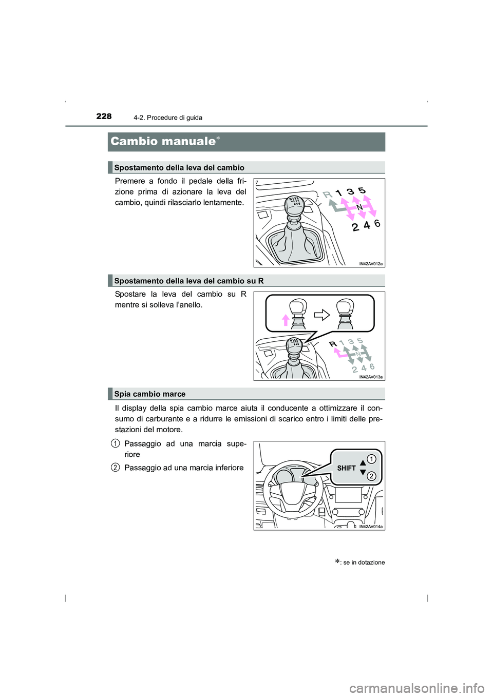 TOYOTA AVENSIS 2015  Manuale duso (in Italian) 2284-2. Procedure di guida
AVENSIS_OM_OM20C24L_(EL)
Cambio manuale∗
Premere a fondo il pedale della fri-
zione prima di azionare la leva del
cambio, quindi rilasciarlo lentamente.
Spostare la leva d