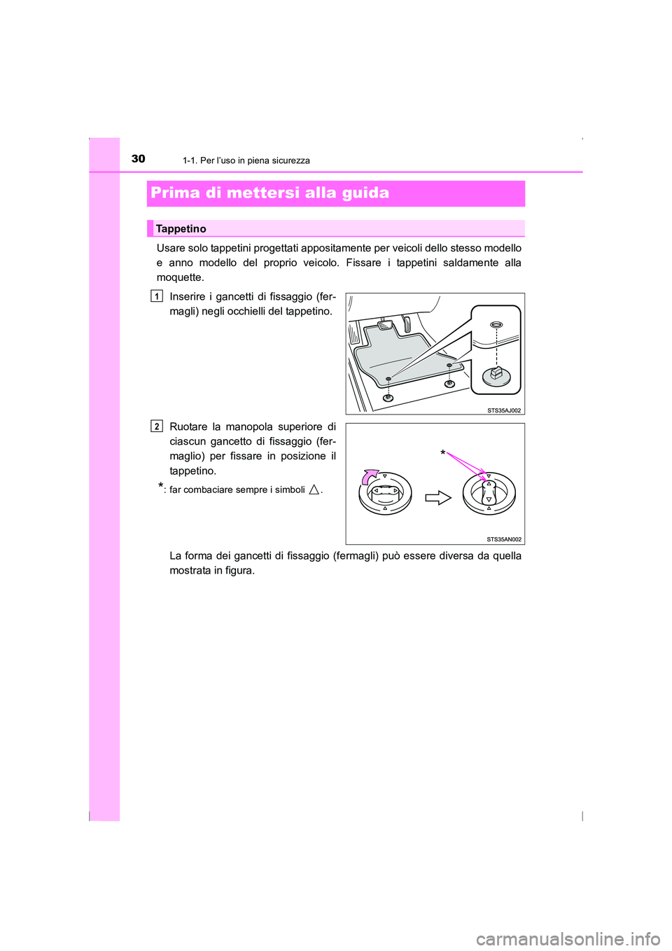 TOYOTA AVENSIS 2015 Manuale duso (in Italian) 301-1. Per l’uso in piena sicurezza
AVENSIS_OM_OM20C24L_(EL)
Prima di mettersi alla guida
Usare solo tappetini progettati appositamente per veicoli dello stesso modello
e anno modello del proprio ve TOYOTA AVENSIS 2015 Manuale duso (in Italian) 301-1. Per l’uso in piena sicurezza
AVENSIS_OM_OM20C24L_(EL)
Prima di mettersi alla guida
Usare solo tappetini progettati appositamente per veicoli dello stesso modello
e anno modello del proprio ve