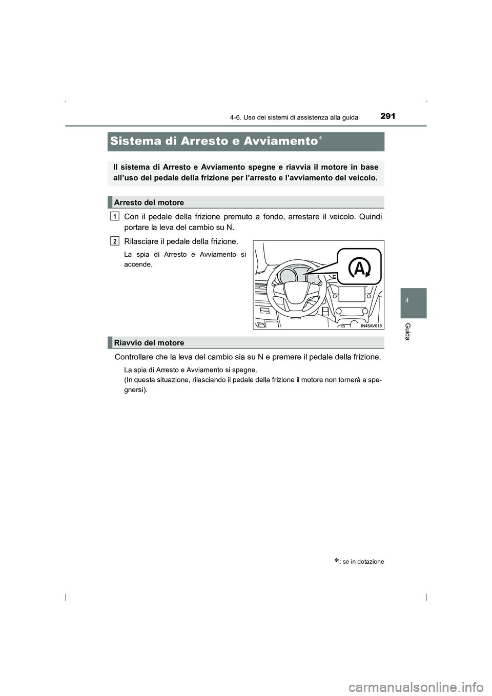 TOYOTA AVENSIS 2015 Manuale duso (in Italian) 291
4
4-6. Uso dei sistemi di assistenza alla guida
Guida
AVENSIS_OM_OM20C24L_(EL)
Sistema di Arresto e Avviamento∗
Con il pedale della frizione premuto a fondo, arrestare il veicolo. Quindi
portare TOYOTA AVENSIS 2015 Manuale duso (in Italian) 291
4
4-6. Uso dei sistemi di assistenza alla guida
Guida
AVENSIS_OM_OM20C24L_(EL)
Sistema di Arresto e Avviamento∗
Con il pedale della frizione premuto a fondo, arrestare il veicolo. Quindi
portare