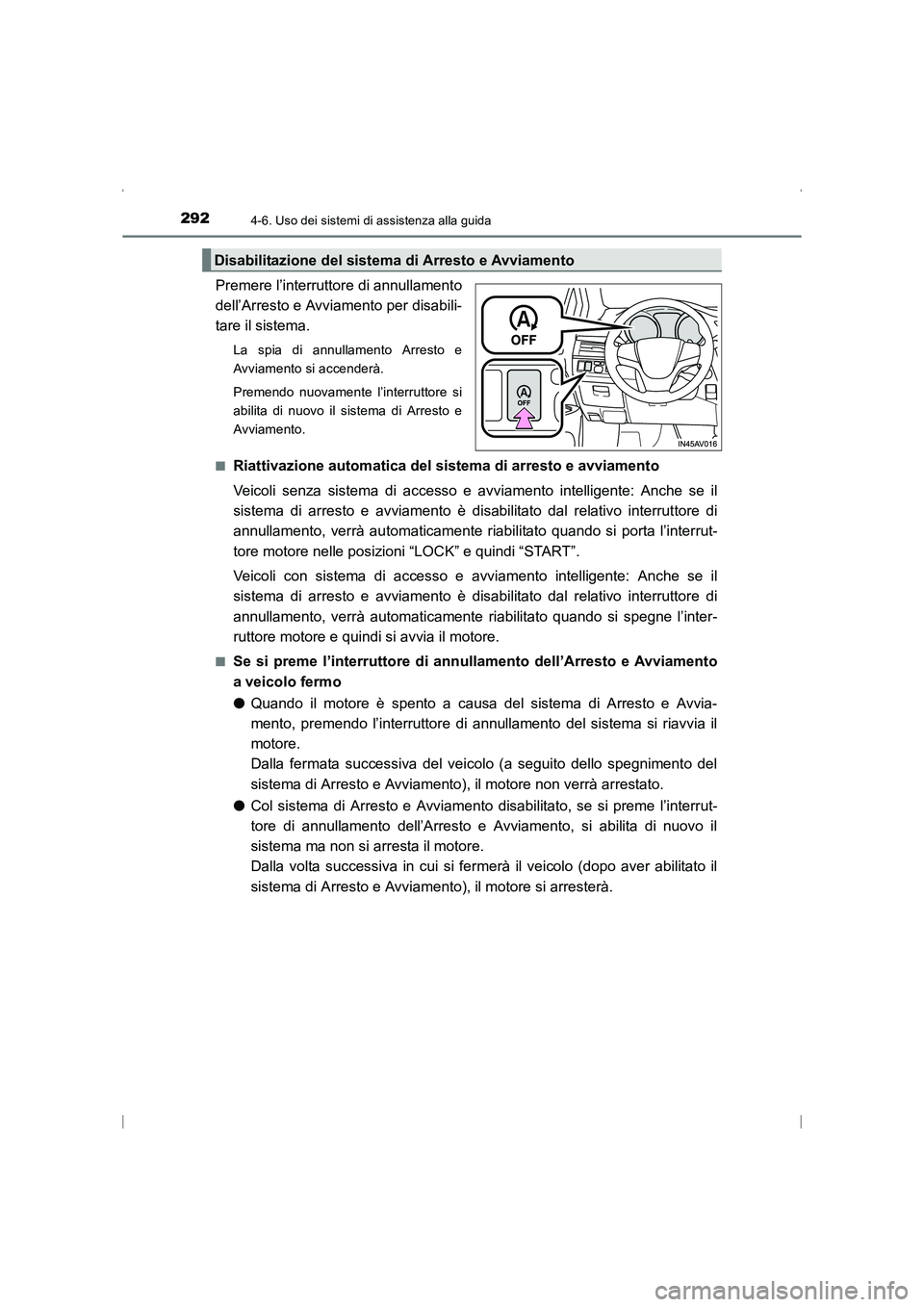 TOYOTA AVENSIS 2015 Manuale duso (in Italian) 2924-6. Uso dei sistemi di assistenza alla guida
AVENSIS_OM_OM20C24L_(EL)
Premere l’interruttore di annullamento
dell’Arresto e Avviamento per disabili-
tare il sistema.
La spia di annullamento Ar TOYOTA AVENSIS 2015 Manuale duso (in Italian) 2924-6. Uso dei sistemi di assistenza alla guida
AVENSIS_OM_OM20C24L_(EL)
Premere l’interruttore di annullamento
dell’Arresto e Avviamento per disabili-
tare il sistema.
La spia di annullamento Ar
