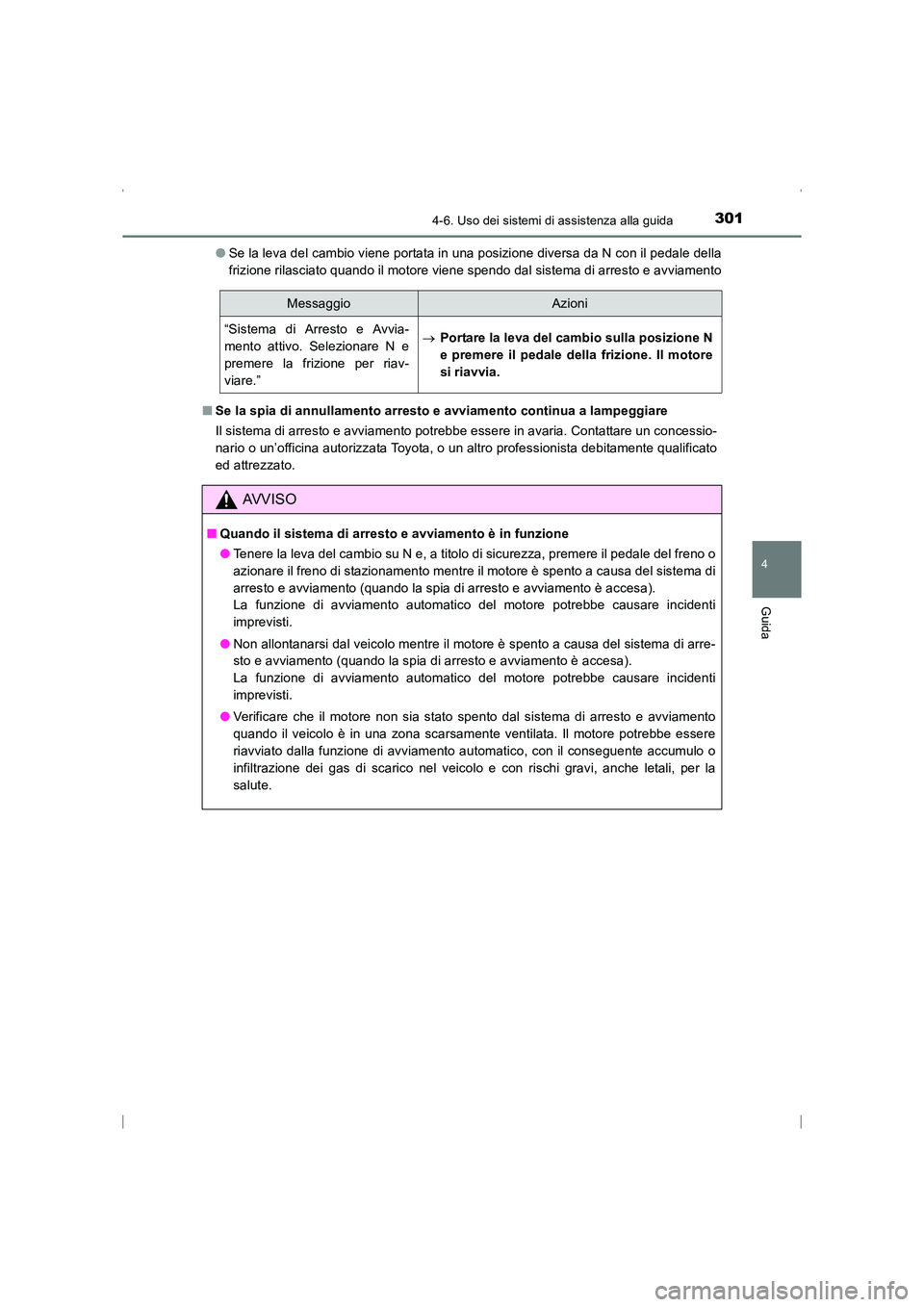 TOYOTA AVENSIS 2015 Manuale duso (in Italian) 3014-6. Uso dei sistemi di assistenza alla guida
4
Guida
AVENSIS_OM_OM20C24L_(EL)●
Se la leva del cambio viene portata in una posizione diversa da N con il pedale della
frizione rilasciato quando il TOYOTA AVENSIS 2015 Manuale duso (in Italian) 3014-6. Uso dei sistemi di assistenza alla guida
4
Guida
AVENSIS_OM_OM20C24L_(EL)●
Se la leva del cambio viene portata in una posizione diversa da N con il pedale della
frizione rilasciato quando il