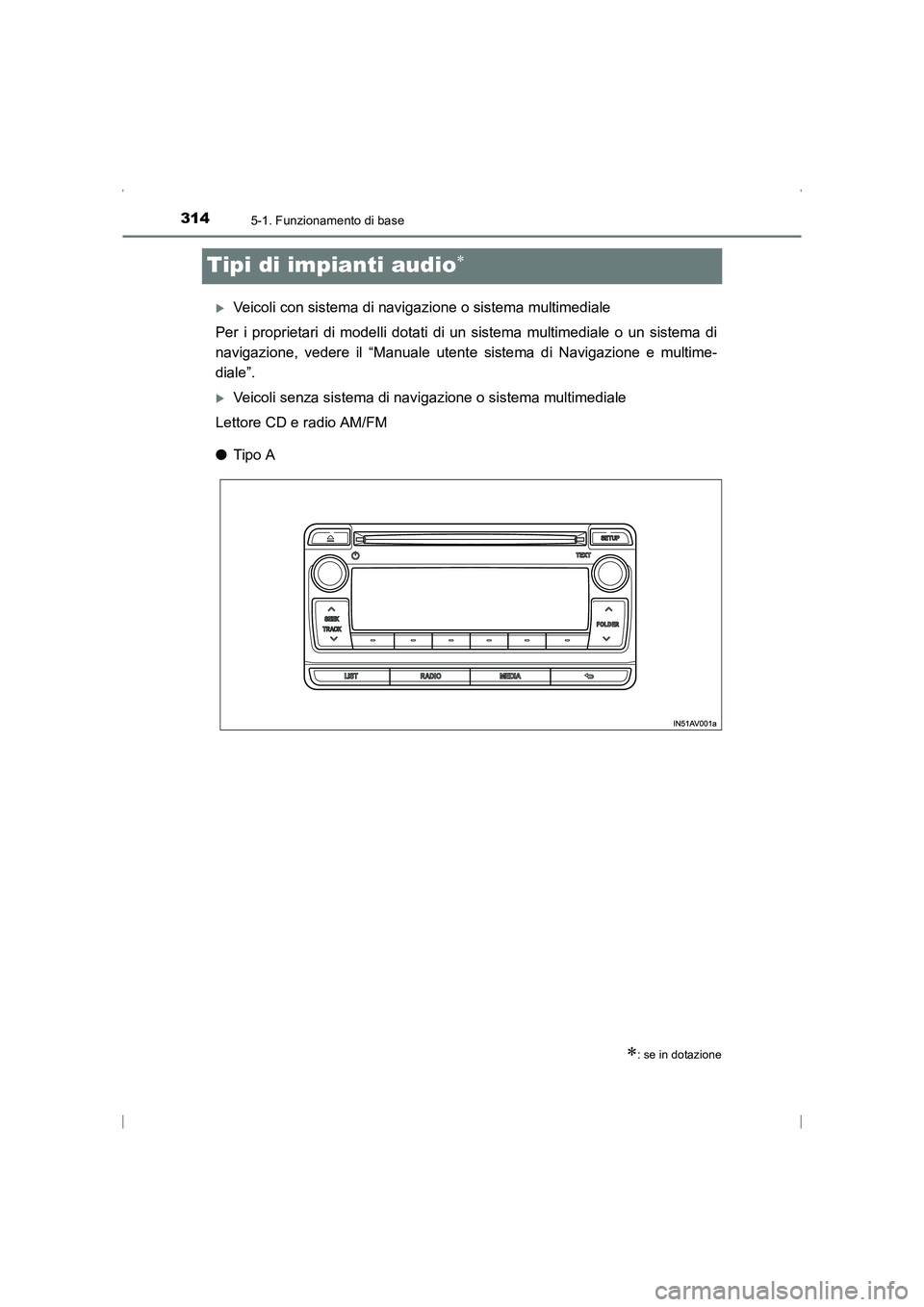 TOYOTA AVENSIS 2015  Manuale duso (in Italian) 3145-1. Funzionamento di base
AVENSIS_OM_OM20C24L_(EL)
Tipi di impianti audio∗
�XVeicoli con sistema di navigazione o sistema multimediale
Per i proprietari di modelli dotati di un sistema multimedi