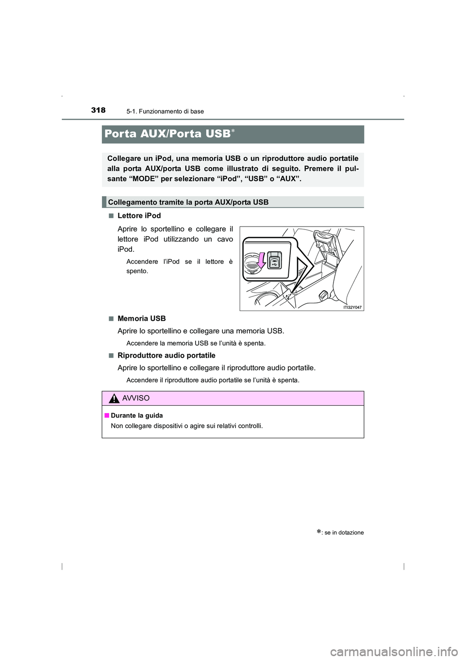 TOYOTA AVENSIS 2015  Manuale duso (in Italian) 3185-1. Funzionamento di base
AVENSIS_OM_OM20C24L_(EL)
Por ta AUX/Por ta USB∗
■Lettore iPod
Aprire lo sportellino e collegare il
lettore iPod utilizzando un cavo
iPod.
Accendere l’iPod se il let