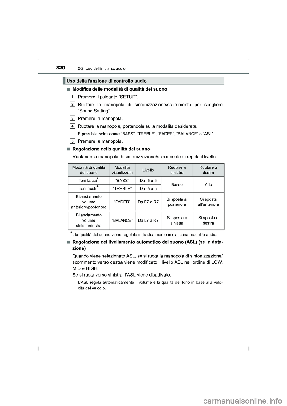 TOYOTA AVENSIS 2015  Manuale duso (in Italian) 3205-2. Uso dell’impianto audio
AVENSIS_OM_OM20C24L_(EL)■
Modifica delle modalità di qualità del suono
Premere il pulsante “SETUP”.
Ruotare la manopola di sintonizz azione/scorrimento per sc