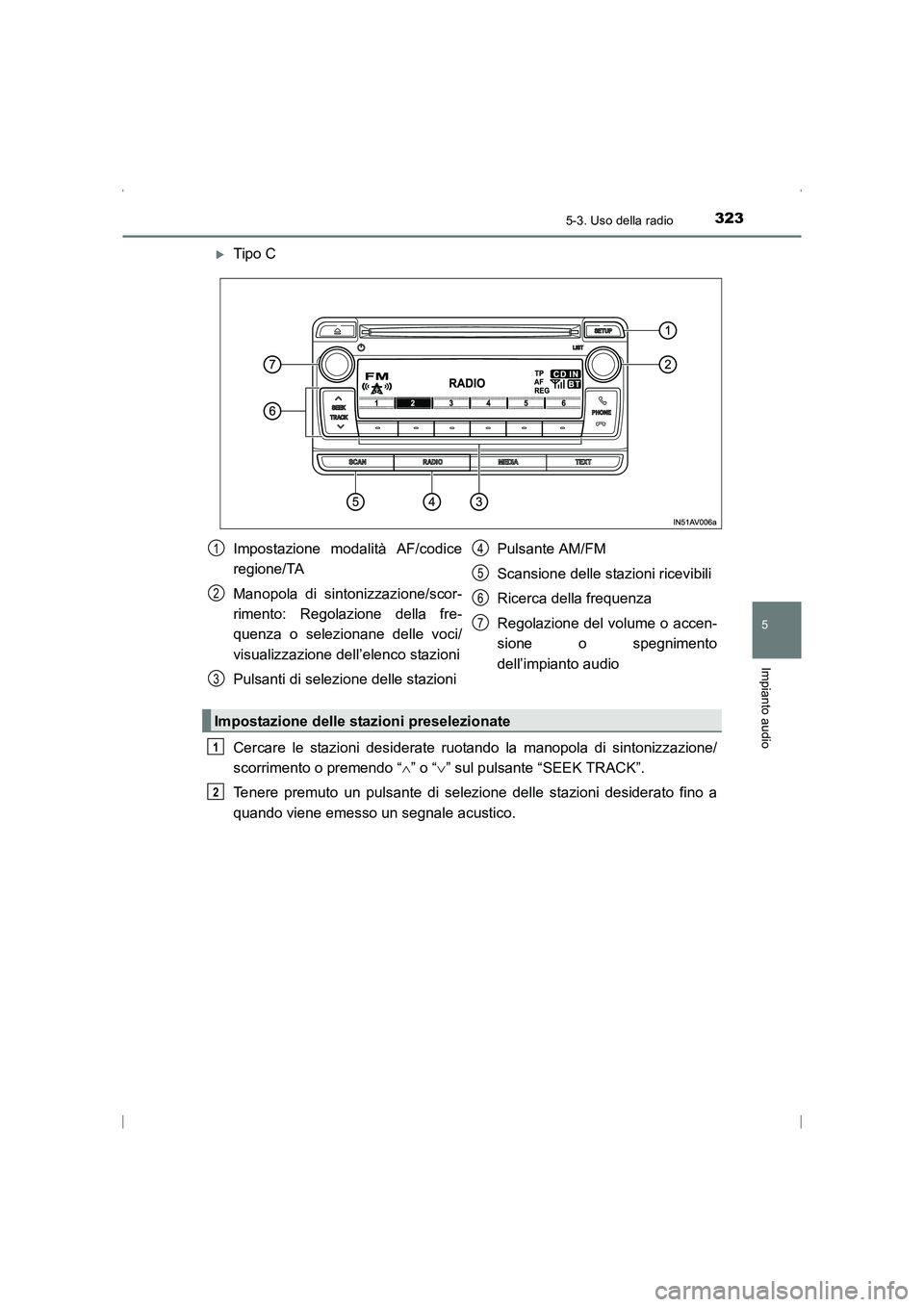 TOYOTA AVENSIS 2015  Manuale duso (in Italian) 3235-3. Uso della radio
5
Impianto audio
AVENSIS_OM_OM20C24L_(EL)
�XTipo C
Cercare le stazioni desiderate ruotando la manopola di sintonizzazione/
scorrimento o premendo “∧” o “ ∨” sul pul
