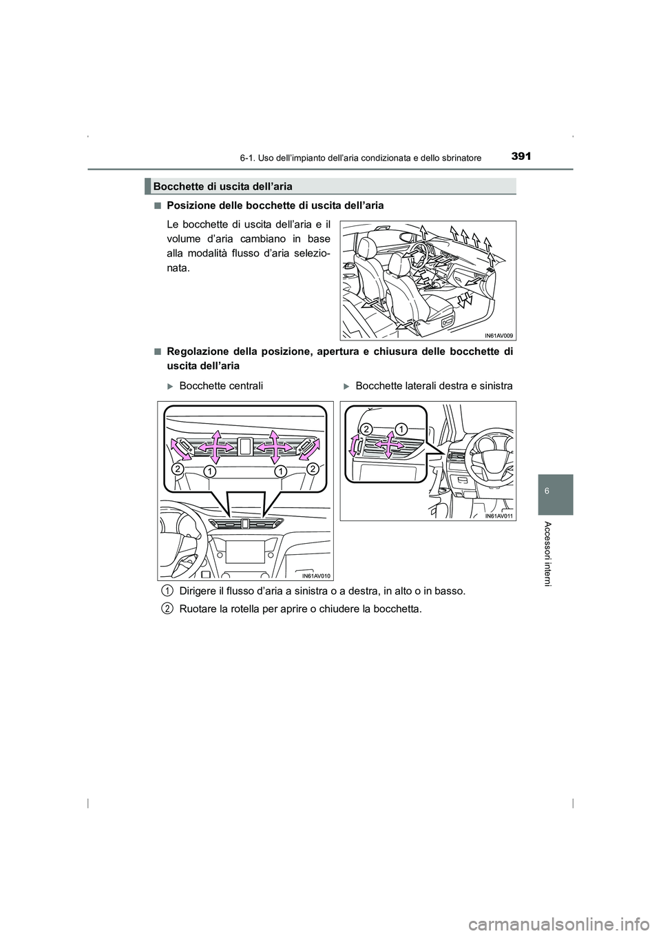 TOYOTA AVENSIS 2015 Manuale duso (in Italian) 3916-1. Uso dell’impianto dell’aria condizionata e dello sbrinatore
AVENSIS_OM_OM20C24L_(EL)
6
Accessori interni
■Posizione delle bocchette di uscita dell’aria
Le bocchette di uscita dell’ar TOYOTA AVENSIS 2015 Manuale duso (in Italian) 3916-1. Uso dell’impianto dell’aria condizionata e dello sbrinatore
AVENSIS_OM_OM20C24L_(EL)
6
Accessori interni
■Posizione delle bocchette di uscita dell’aria
Le bocchette di uscita dell’ar