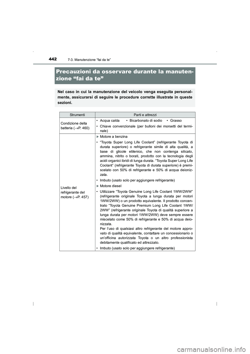 TOYOTA AVENSIS 2015  Manuale duso (in Italian) 4427-3. Manutenzione “fai da te”
AVENSIS_OM_OM20C24L_(EL)
Precauzioni da osser vare durante la manuten-
zione “fai da te”
Nel caso in cui la manutenzione del veicolo venga eseguita personal-
m