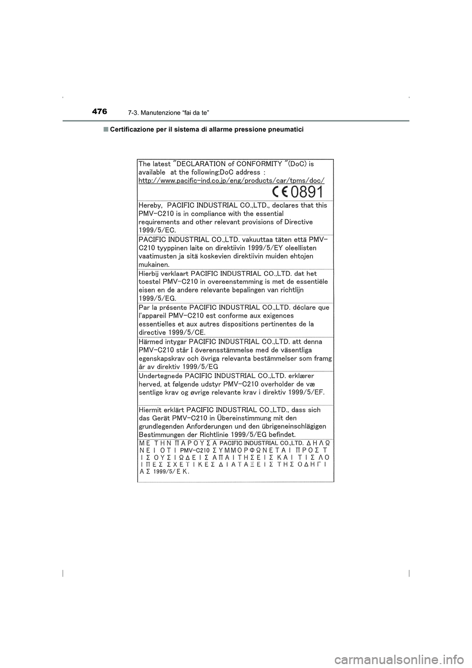 TOYOTA AVENSIS 2015  Manuale duso (in Italian) 4767-3. Manutenzione “fai da te”
AVENSIS_OM_OM20C24L_(EL)■
Certificazione per il sistema di allarme pressione pneumatici
AVENSIS_OM_OM20C24L_(EL).book  Page 476  Friday, February 6, 20 15  7:48 