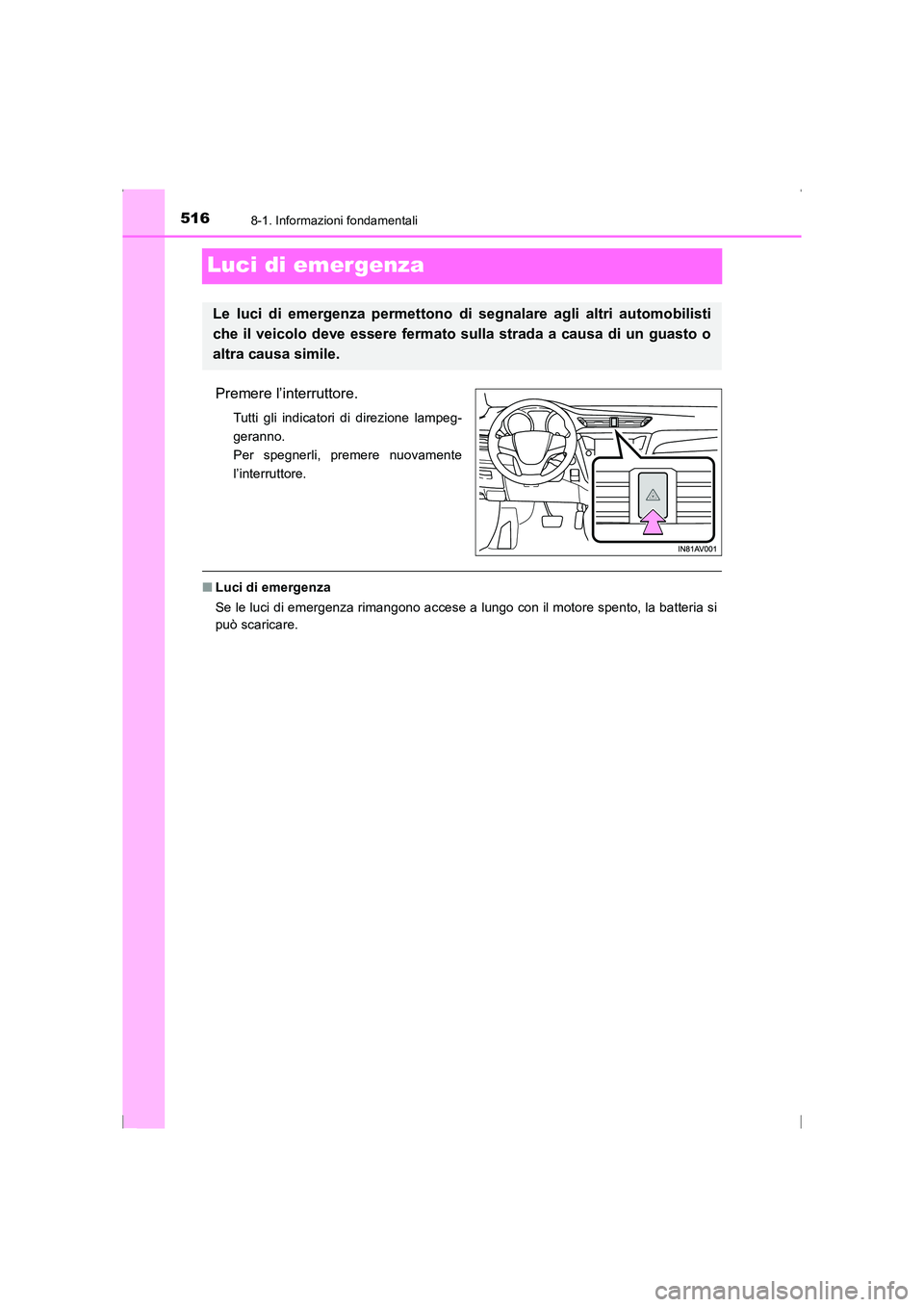 TOYOTA AVENSIS 2015 Manuale duso (in Italian) 5168-1. Informazioni fondamentali
AVENSIS_OM_OM20C24L_(EL)
Luci di emergenza
Premere l’interruttore.
Tutti gli indicatori di direzione lampeg-
geranno.
Per spegnerli, premere nuovamente
l’interru TOYOTA AVENSIS 2015 Manuale duso (in Italian) 5168-1. Informazioni fondamentali
AVENSIS_OM_OM20C24L_(EL)
Luci di emergenza
Premere l’interruttore.
Tutti gli indicatori di direzione lampeg-
geranno.
Per spegnerli, premere nuovamente
l’interru