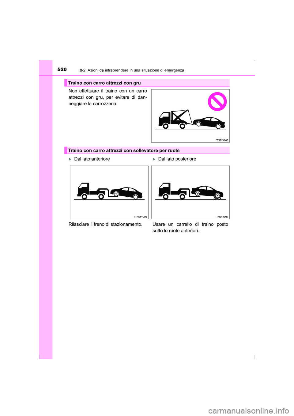 TOYOTA AVENSIS 2015 Manuale duso (in Italian) 5208-2. Azioni da intraprendere in una situazione di emergenza
AVENSIS_OM_OM20C24L_(EL)
Non effettuare il traino con un carro
attrezzi con gru, per evitare di dan-
neggiare la carrozzeria.
Traino con TOYOTA AVENSIS 2015 Manuale duso (in Italian) 5208-2. Azioni da intraprendere in una situazione di emergenza
AVENSIS_OM_OM20C24L_(EL)
Non effettuare il traino con un carro
attrezzi con gru, per evitare di dan-
neggiare la carrozzeria.
Traino con