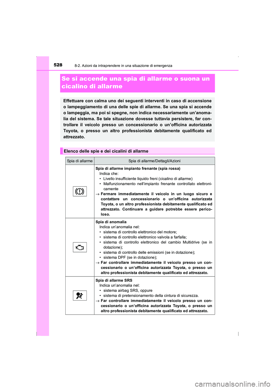 TOYOTA AVENSIS 2015  Manuale duso (in Italian) 5288-2. Azioni da intraprendere in una situazione di emergenza
AVENSIS_OM_OM20C24L_(EL)
Se si accende una spia di allar me o suona un 
cicalino di allar me
Effettuare con calma uno dei seguenti interv