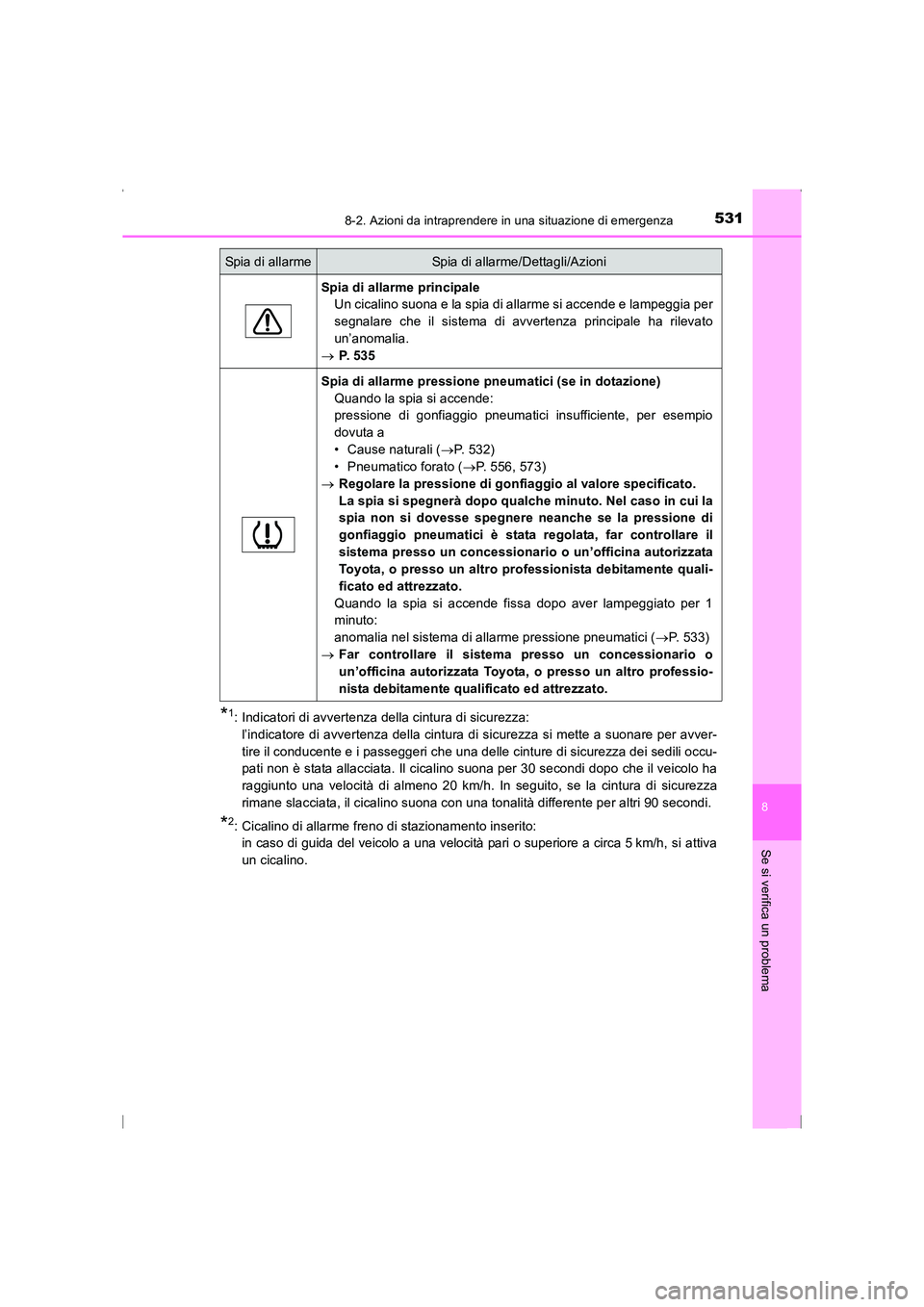 TOYOTA AVENSIS 2015 Manuale duso (in Italian) 5318-2. Azioni da intraprendere in una situazione di emergenza
AVENSIS_OM_OM20C24L_(EL)
8
Se si verifica un problema
*1: Indicatori di avvertenza della cintura di sicurezza: l’indicatore di avverten TOYOTA AVENSIS 2015 Manuale duso (in Italian) 5318-2. Azioni da intraprendere in una situazione di emergenza
AVENSIS_OM_OM20C24L_(EL)
8
Se si verifica un problema
*1: Indicatori di avvertenza della cintura di sicurezza: l’indicatore di avverten