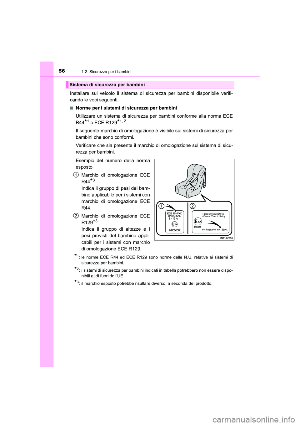 TOYOTA AVENSIS 2015  Manuale duso (in Italian) 561-2. Sicurezza per i bambini
AVENSIS_OM_OM20C24L_(EL)
Installare sul veicolo il sistema di sicurezza per bambini disponibile verifi-
cando le voci seguenti.
■Norme per i sistemi di sicurezza per b