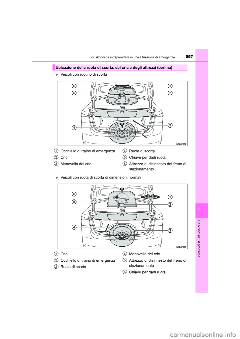 TOYOTA AVENSIS 2015  Manuale duso (in Italian) 5578-2. Azioni da intraprendere in una situazione di emergenza
AVENSIS_OM_OM20C24L_(EL)
8
Se si verifica un problema
�XVeicoli con ruotino di scorta
�XVeicoli con ruota di scorta di dimensioni normali