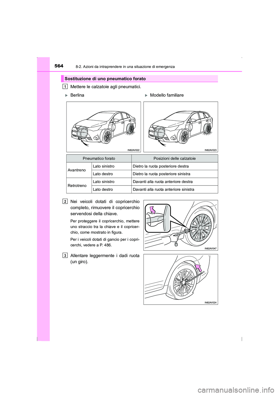 TOYOTA AVENSIS 2015  Manuale duso (in Italian) 5648-2. Azioni da intraprendere in una situazione di emergenza
AVENSIS_OM_OM20C24L_(EL)
Mettere le calzatoie agli pneumatici.
Nei veicoli dotati di copricerchio
completo, rimuovere il copricerchio
ser