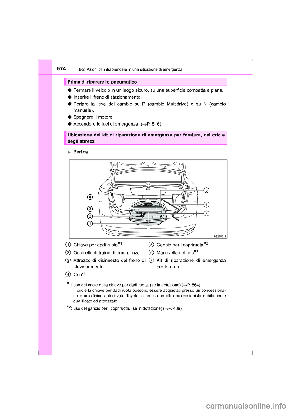 TOYOTA AVENSIS 2015  Manuale duso (in Italian) 5748-2. Azioni da intraprendere in una situazione di emergenza
AVENSIS_OM_OM20C24L_(EL)
●Fermare il veicolo in un luogo sicuro, su una superficie compatta e piana.
● Inserire il freno di stazionam