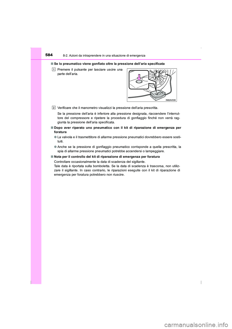 TOYOTA AVENSIS 2015  Manuale duso (in Italian) 5848-2. Azioni da intraprendere in una situazione di emergenza
AVENSIS_OM_OM20C24L_(EL)■
Se lo pneumatico viene gonfiato oltre la pressione dell’aria specificata
Verificare che il manometro visual