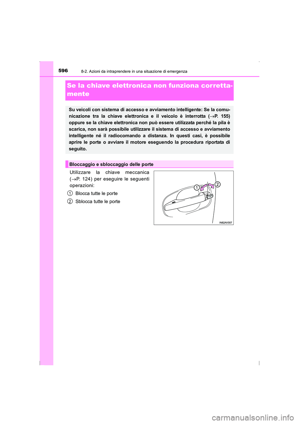 TOYOTA AVENSIS 2015 Manuale duso (in Italian) 5968-2. Azioni da intraprendere in una situazione di emergenza
AVENSIS_OM_OM20C24L_(EL)
Se la chiave elettronica non funziona corretta-
mente
Utilizzare la chiave meccanica
(→ P. 124) per eseguire l TOYOTA AVENSIS 2015 Manuale duso (in Italian) 5968-2. Azioni da intraprendere in una situazione di emergenza
AVENSIS_OM_OM20C24L_(EL)
Se la chiave elettronica non funziona corretta-
mente
Utilizzare la chiave meccanica
(→ P. 124) per eseguire l