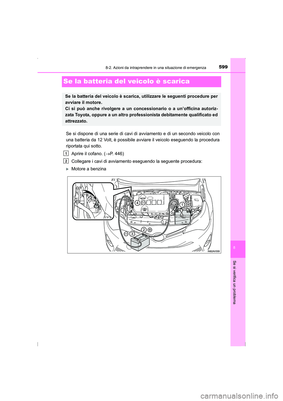 TOYOTA AVENSIS 2015  Manuale duso (in Italian) 5998-2. Azioni da intraprendere in una situazione di emergenza
AVENSIS_OM_OM20C24L_(EL)
8
Se si verifica un problema
Se la batteria del veicolo è scarica
Se si dispone di una serie di cavi di avviame