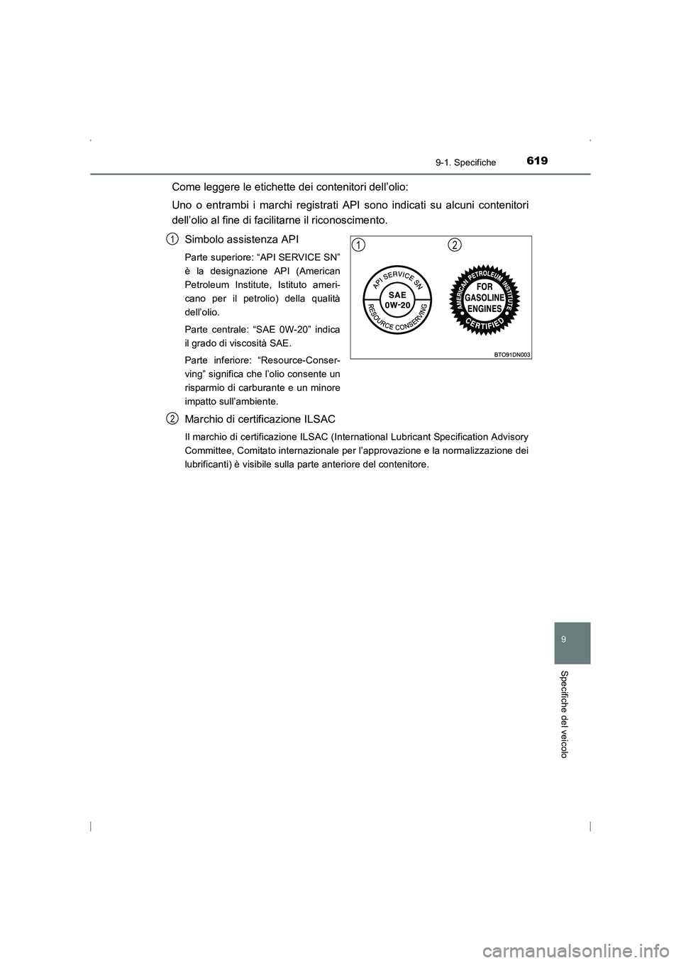 TOYOTA AVENSIS 2015  Manuale duso (in Italian) 6199-1. Specifiche
AVENSIS_OM_OM20C24L_(EL)
9
Specifiche del veicolo
Come leggere le etichette dei contenitori dell’olio:
Uno o entrambi i marchi registrati API sono indicati su alcuni contenitori
d