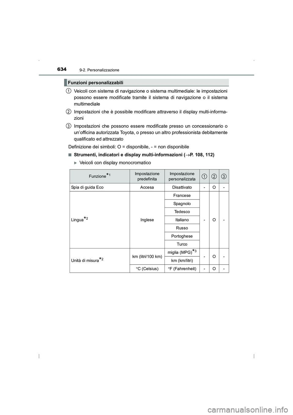 TOYOTA AVENSIS 2015  Manuale duso (in Italian) 6349-2. Personalizzazione
AVENSIS_OM_OM20C24L_(EL)
Veicoli con sistema di navigazione o sistema multimediale: le impostazioni
possono essere modificate tramite il sistema di navigazione o il sistema
m