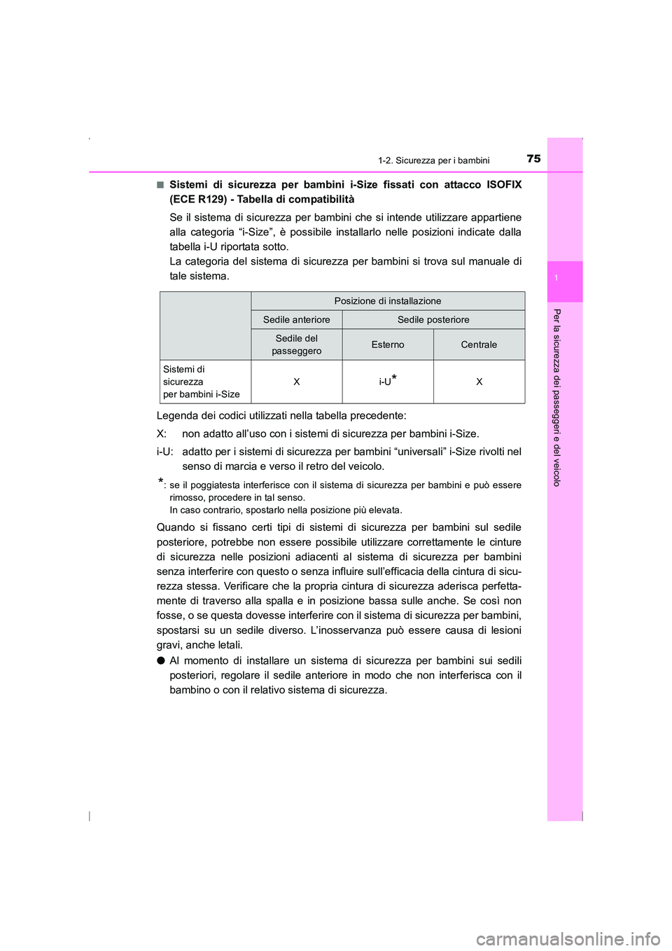 TOYOTA AVENSIS 2015 Manuale duso (in Italian) 751-2. Sicurezza per i bambini
1
AVENSIS_OM_OM20C24L_(EL)
Per la sicurezza dei passeggeri e del veicolo
■Sistemi di sicurezza per bambini i-Size fissati con attacco ISOFIX
(ECE R129) - Tabella di co TOYOTA AVENSIS 2015 Manuale duso (in Italian) 751-2. Sicurezza per i bambini
1
AVENSIS_OM_OM20C24L_(EL)
Per la sicurezza dei passeggeri e del veicolo
■Sistemi di sicurezza per bambini i-Size fissati con attacco ISOFIX
(ECE R129) - Tabella di co