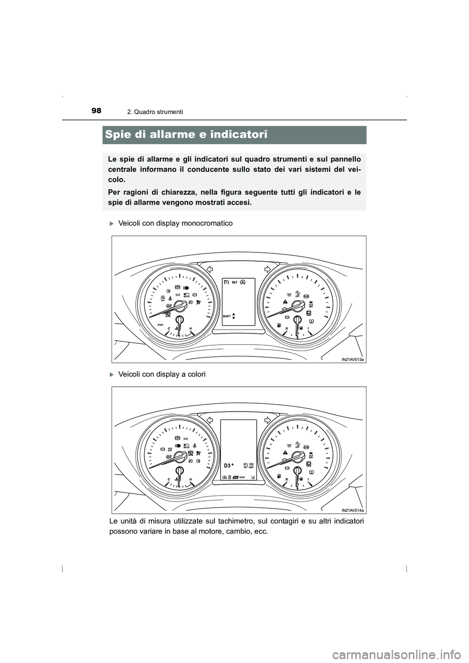 TOYOTA AVENSIS 2015  Manuale duso (in Italian) 982. Quadro strumenti
AVENSIS_OM_OM20C24L_(EL)
Spie di allarme e indicatori
�XVeicoli con display monocromatico
�XVeicoli con display a colori
Le unità di misura utilizzate sul tachim etro, sul conta