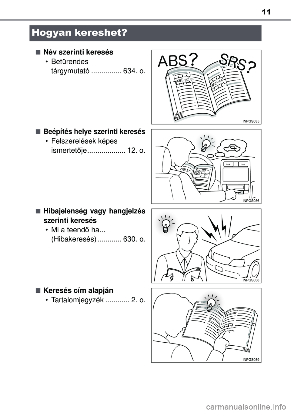 TOYOTA AVENSIS 2015 Kezelési útmutató (in Hungarian) 11
Hogyan kereshet?
Név szerinti keresés•Bet űrendes
tárgymutató ............... 634. o.
Beépítés helye szerinti keresés
• Felszerelések képes ismertet ője................... 1 TOYOTA AVENSIS 2015 Kezelési útmutató (in Hungarian) 11
Hogyan kereshet?
Név szerinti keresés•Bet űrendes
tárgymutató ............... 634. o.
Beépítés helye szerinti keresés
• Felszerelések képes ismertet ője................... 1