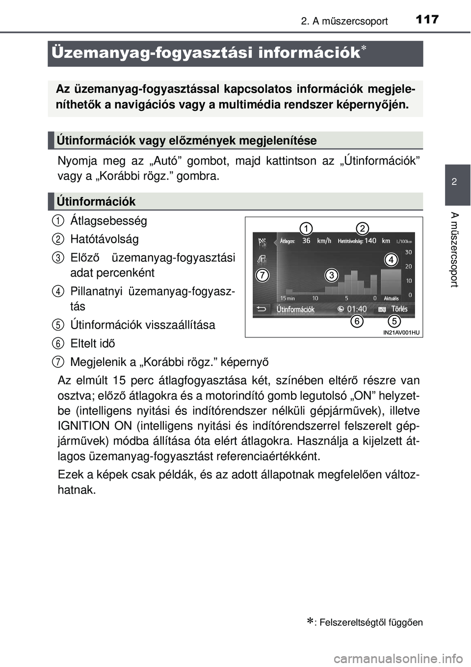TOYOTA AVENSIS 2015 Kezelési útmutató (in Hungarian) 117
2
2. A műszercsoport
A m űszercsoport
Üzemanyag-fogyasztási információk
Nyomja meg az „Autó” gombot, majd kattintson az „Útinformációk”
vagy a „Korábbi rögz.” gombra.
TOYOTA AVENSIS 2015 Kezelési útmutató (in Hungarian) 117
2
2. A műszercsoport
A m űszercsoport
Üzemanyag-fogyasztási információk
Nyomja meg az „Autó” gombot, majd kattintson az „Útinformációk”
vagy a „Korábbi rögz.” gombra.