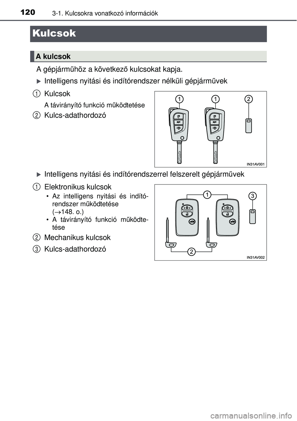 TOYOTA AVENSIS 2015 Kezelési útmutató (in Hungarian) 1203-1. Kulcsokra vonatkozó információk
Kulcsok
A gépjárműhöz a következ ő kulcsokat kapja.
Intelligens nyitási és indí tórendszer nélküli gépjárm űvek
Kulcsok
A távirányító f TOYOTA AVENSIS 2015 Kezelési útmutató (in Hungarian) 1203-1. Kulcsokra vonatkozó információk
Kulcsok
A gépjárműhöz a következ ő kulcsokat kapja.
Intelligens nyitási és indí tórendszer nélküli gépjárm űvek
Kulcsok
A távirányító f