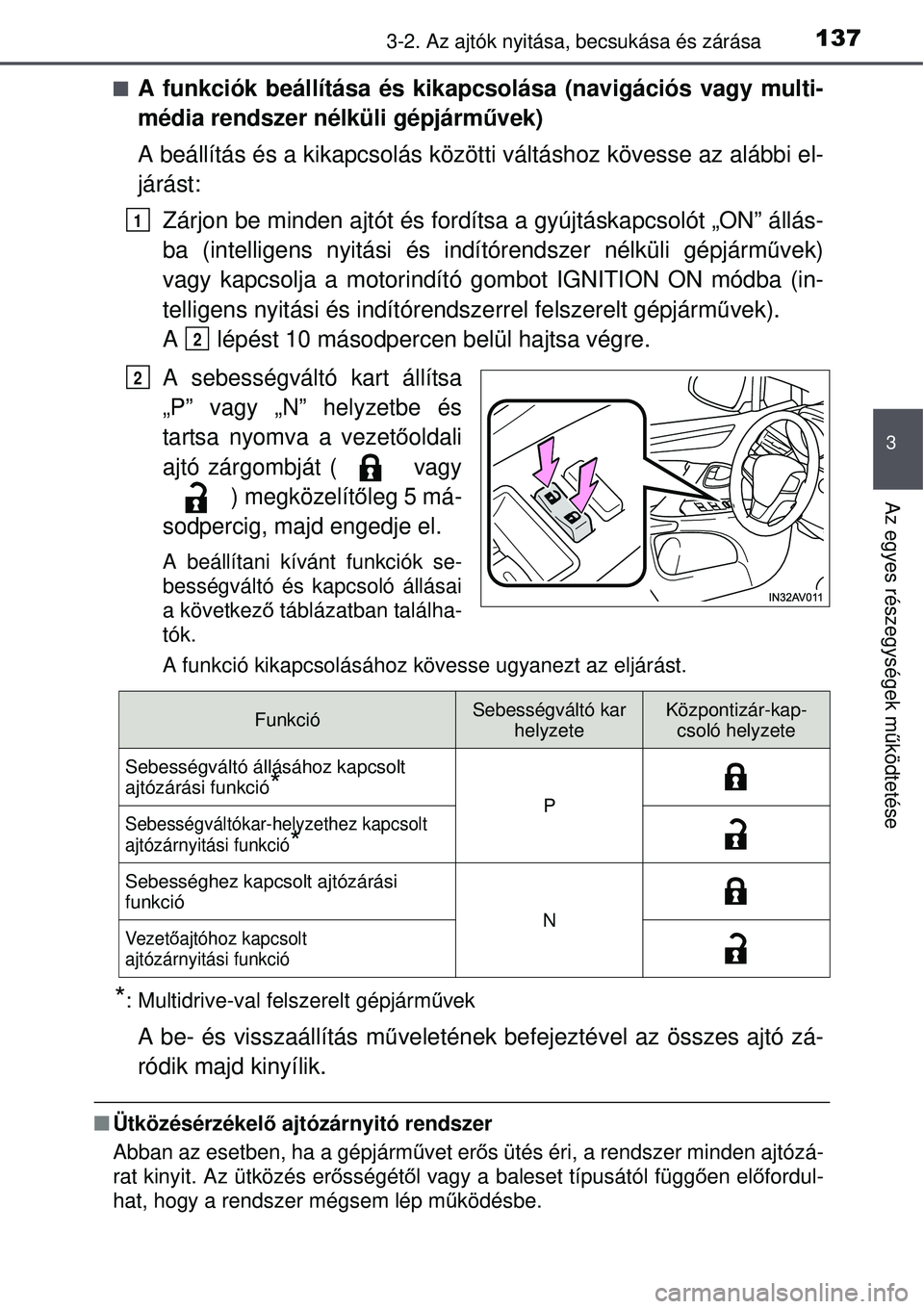 TOYOTA AVENSIS 2015  Kezelési útmutató (in Hungarian) 1373-2. Az ajtók nyitása, becsukása és zárása
3
Az egyes részegységek működtetése
A funkciók beállítása és kikapcsolása (navigáció\
s vagy multi-
média rendszer nélküli gépj