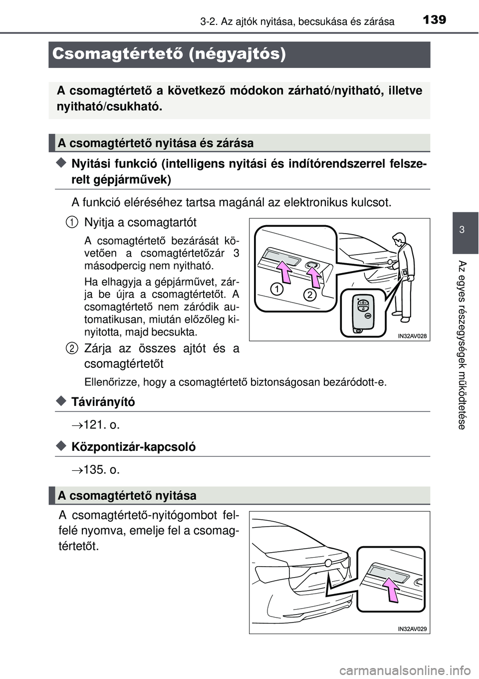 TOYOTA AVENSIS 2015  Kezelési útmutató (in Hungarian) 139
3
3-2. Az ajtók nyitása, becsukása és zárása
Az egyes részegységek működtetése
Csomagtértet ő (négyajtós)
Nyitási funkció (intelligens ny itási és indítórendszerrel felsze-