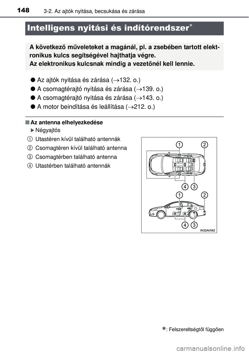 TOYOTA AVENSIS 2015  Kezelési útmutató (in Hungarian) 1483-2. Az ajtók nyitása, becsukása és zárása
Intelligens nyitási és indítórendszer
Az ajtók nyitása és zárása ( 132. o.)
 A csomagtérajtó nyitása és zárása ( 139. 