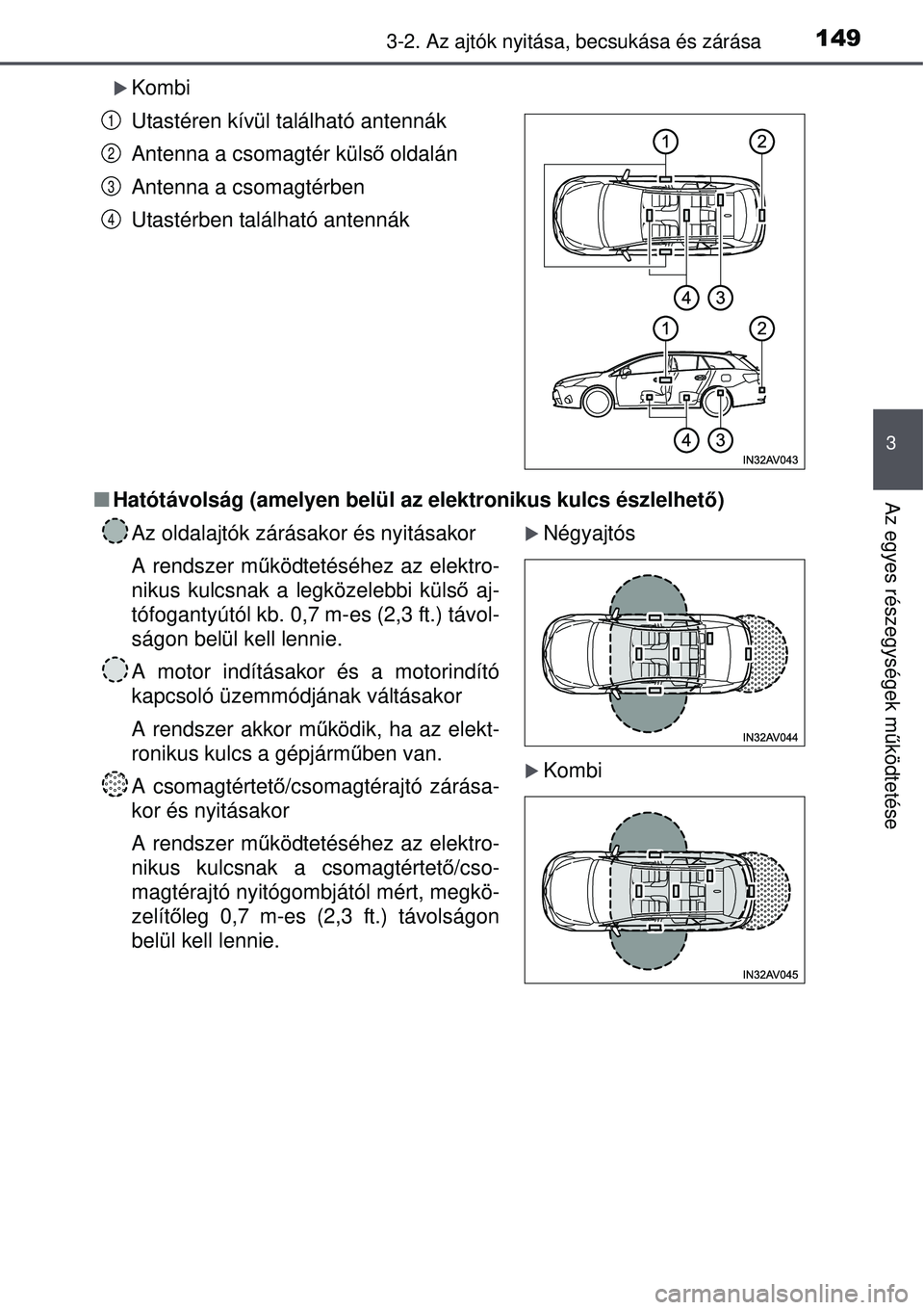 TOYOTA AVENSIS 2015  Kezelési útmutató (in Hungarian) 1493-2. Az ajtók nyitása, becsukása és zárása
3
Az egyes részegységek működtetése
Kombi
 Hatótávolság (amelyen belül az elektronikus kulcs észlel\
het ő)
Utastéren kívül tal