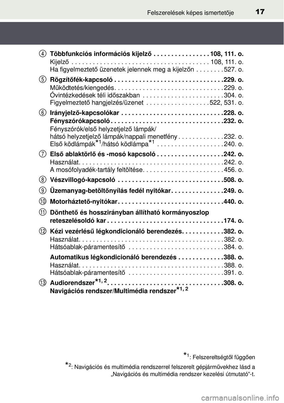 TOYOTA AVENSIS 2015 Kezelési útmutató (in Hungarian) 17Felszerelések képes ismertetője
Többfunkciós információs kijelz ő . . . . . . . . . . . . . . . . 108, 111. o.
Kijelz ő . . . . . . . . . . . . . . . . . . . . . . . . . . . . . . . . . . . TOYOTA AVENSIS 2015 Kezelési útmutató (in Hungarian) 17Felszerelések képes ismertetője
Többfunkciós információs kijelz ő . . . . . . . . . . . . . . . . 108, 111. o.
Kijelz ő . . . . . . . . . . . . . . . . . . . . . . . . . . . . . . . . . . .