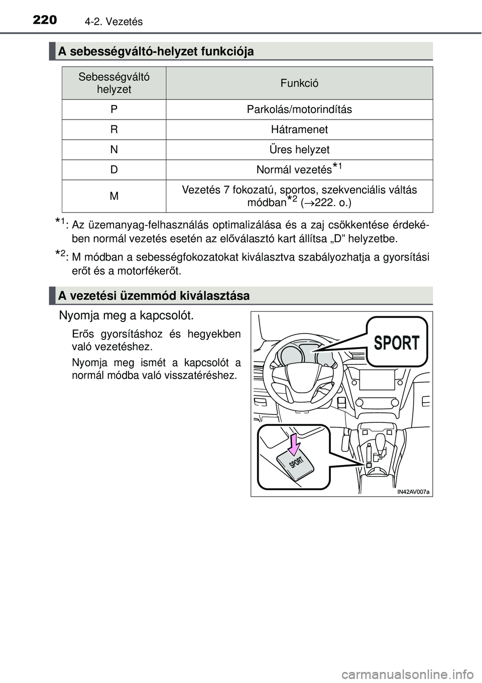 TOYOTA AVENSIS 2015 Kezelési útmutató (in Hungarian) 2204-2. Vezetés
*1: Az üzemanyag-felhasználás optimalizálása és a zaj csö\
kkentése érdeké-ben normál vezetés esetén az el őválasztó kart állítsa „D” helyzetbe.
*2: M módban a TOYOTA AVENSIS 2015 Kezelési útmutató (in Hungarian) 2204-2. Vezetés
*1: Az üzemanyag-felhasználás optimalizálása és a zaj csö\
kkentése érdeké-ben normál vezetés esetén az el őválasztó kart állítsa „D” helyzetbe.
*2: M módban a