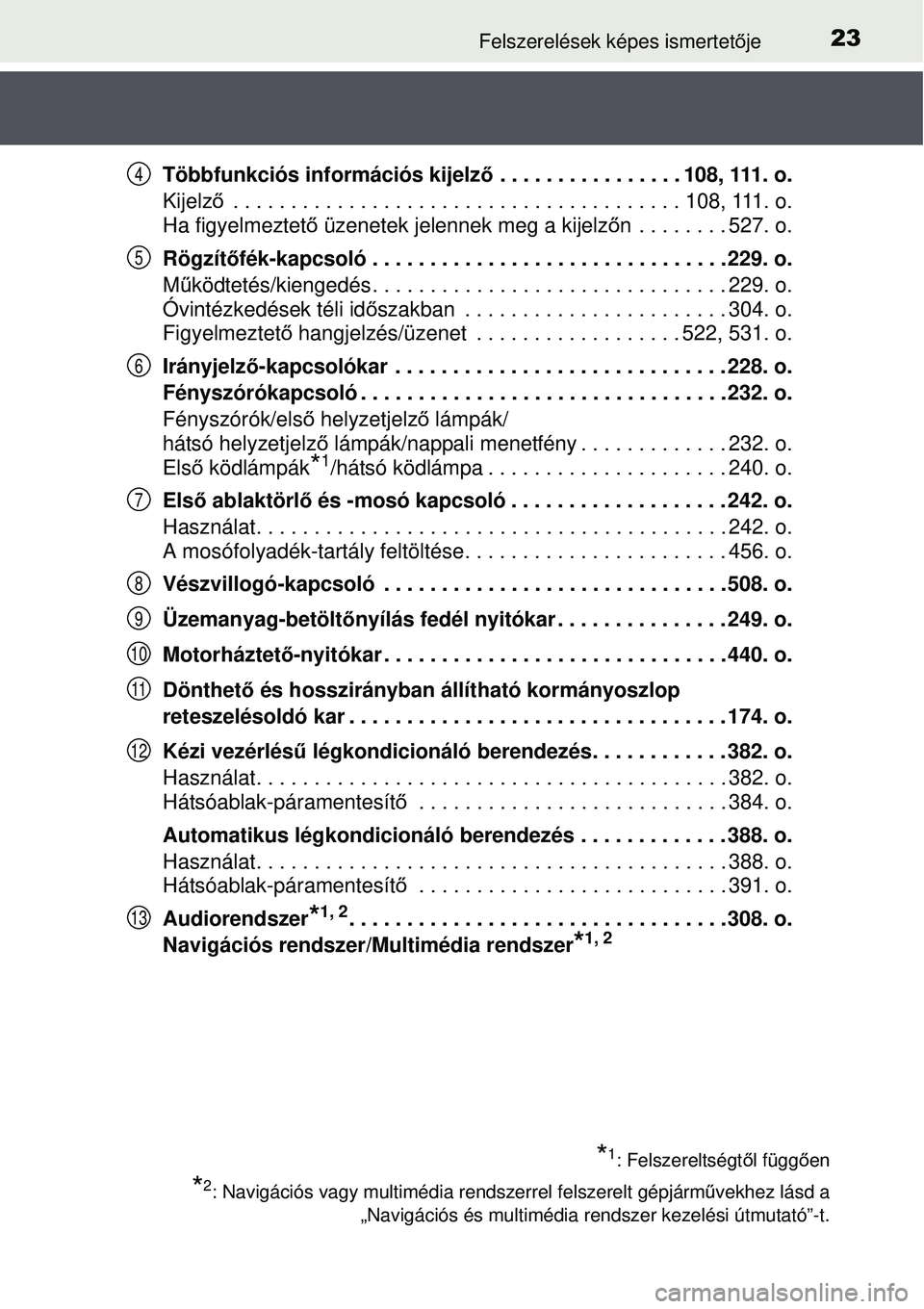 TOYOTA AVENSIS 2015 Kezelési útmutató (in Hungarian) 23Felszerelések képes ismertetője
Többfunkciós információs kijelz ő . . . . . . . . . . . . . . . . 108, 111. o.
Kijelz ő . . . . . . . . . . . . . . . . . . . . . . . . . . . . . . . . . . . TOYOTA AVENSIS 2015 Kezelési útmutató (in Hungarian) 23Felszerelések képes ismertetője
Többfunkciós információs kijelz ő . . . . . . . . . . . . . . . . 108, 111. o.
Kijelz ő . . . . . . . . . . . . . . . . . . . . . . . . . . . . . . . . . . .