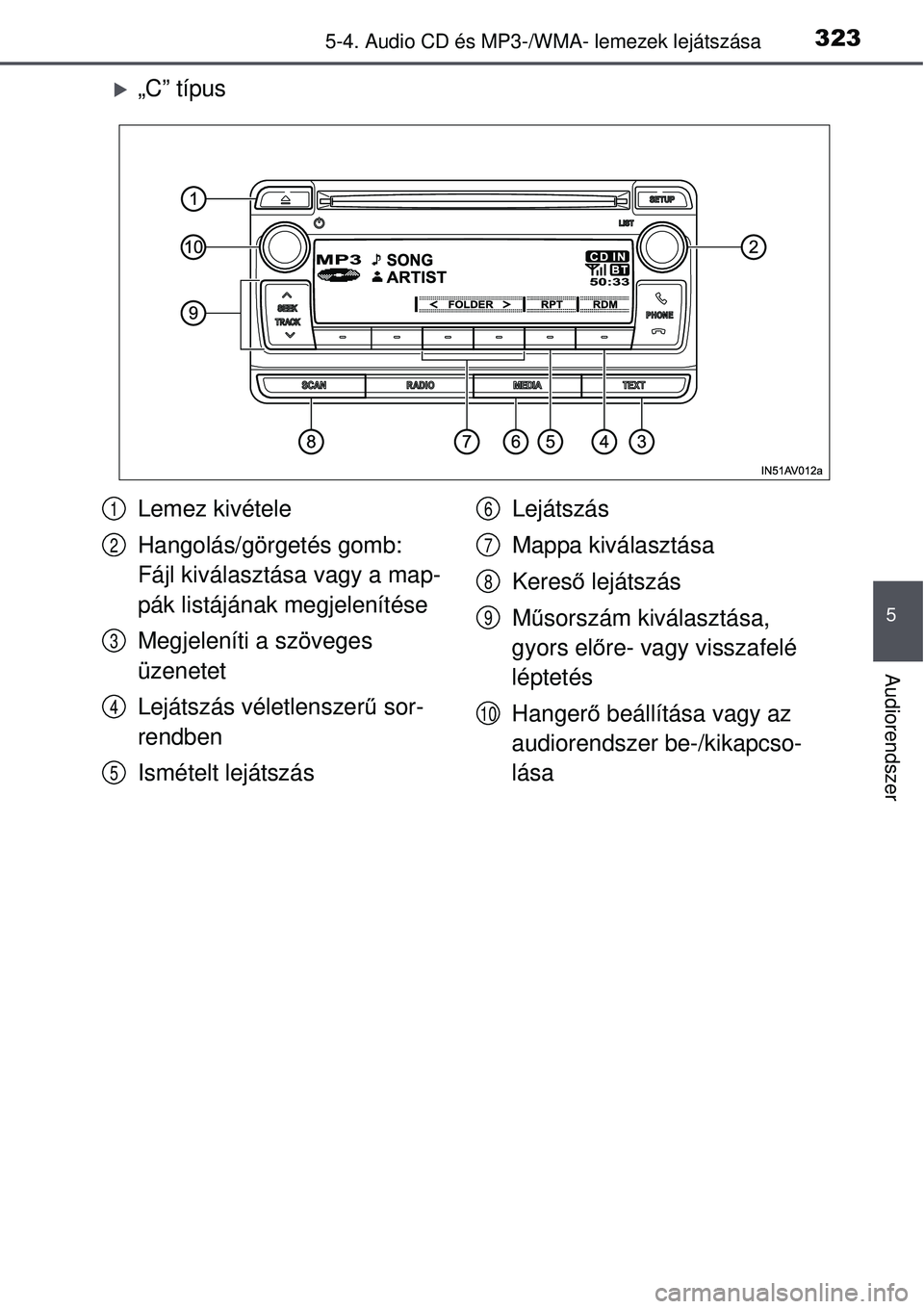 TOYOTA AVENSIS 2015  Kezelési útmutató (in Hungarian) 3235-4. Audio CD és MP3-/WMA- lemezek lejátszása
5
Audiorendszer
„C” típus
Lemez kivétele
Hangolás/görgetés gomb: 
Fájl kiválasztása vagy a map-
pák listájának megjelenítése
Meg