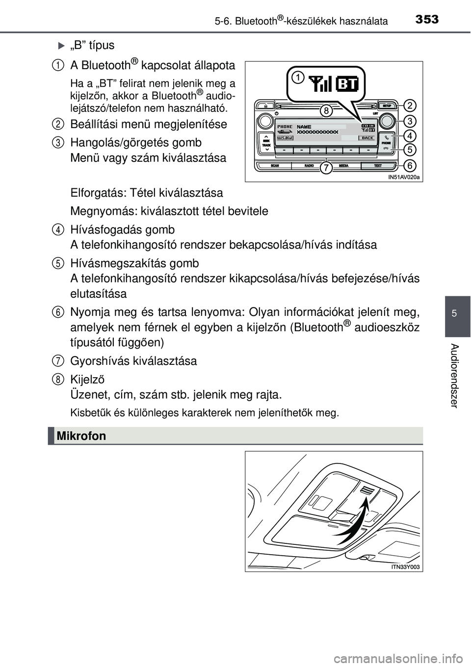 TOYOTA AVENSIS 2015  Kezelési útmutató (in Hungarian) 3535-6. Bluetooth®-készülékek használata
5
Audiorendszer
„B” típus
A Bluetooth
® kapcsolat állapota
Ha a „BT” felirat nem jelenik meg a
kijelzőn, akkor a Bluetooth® audio-
lejáts