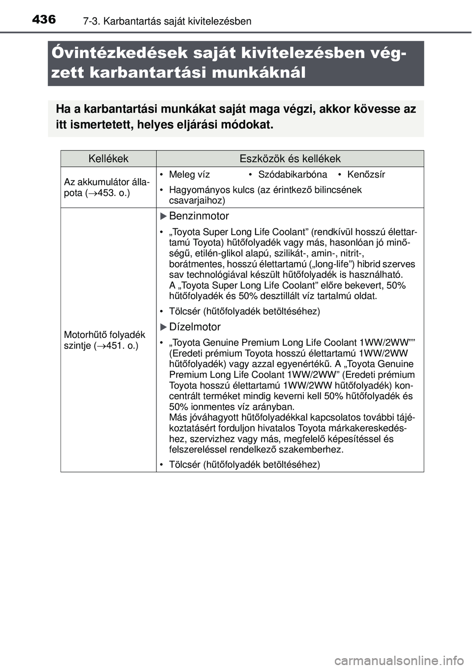 TOYOTA AVENSIS 2015 Kezelési útmutató (in Hungarian) 4367-3. Karbantartás saját kivitelezésben
Óvintézkedések saját kivitelezésben vég-
zett karbantartási munkáknál
Ha a karbantartási munkákat saját maga végzi, akkor kövesse az
itt isme TOYOTA AVENSIS 2015 Kezelési útmutató (in Hungarian) 4367-3. Karbantartás saját kivitelezésben
Óvintézkedések saját kivitelezésben vég-
zett karbantartási munkáknál
Ha a karbantartási munkákat saját maga végzi, akkor kövesse az
itt isme