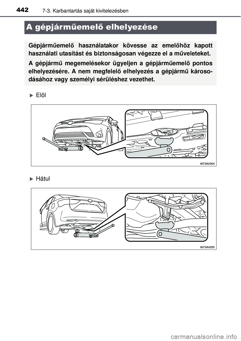 TOYOTA AVENSIS 2015  Kezelési útmutató (in Hungarian) 4427-3. Karbantartás saját kivitelezésben
A gépjárműemel ő elhelyezése
Elöl
Hátul
Gépjárm űemelő használatakor kövesse az emel őhöz kapott
használati utasítást és biztonsá