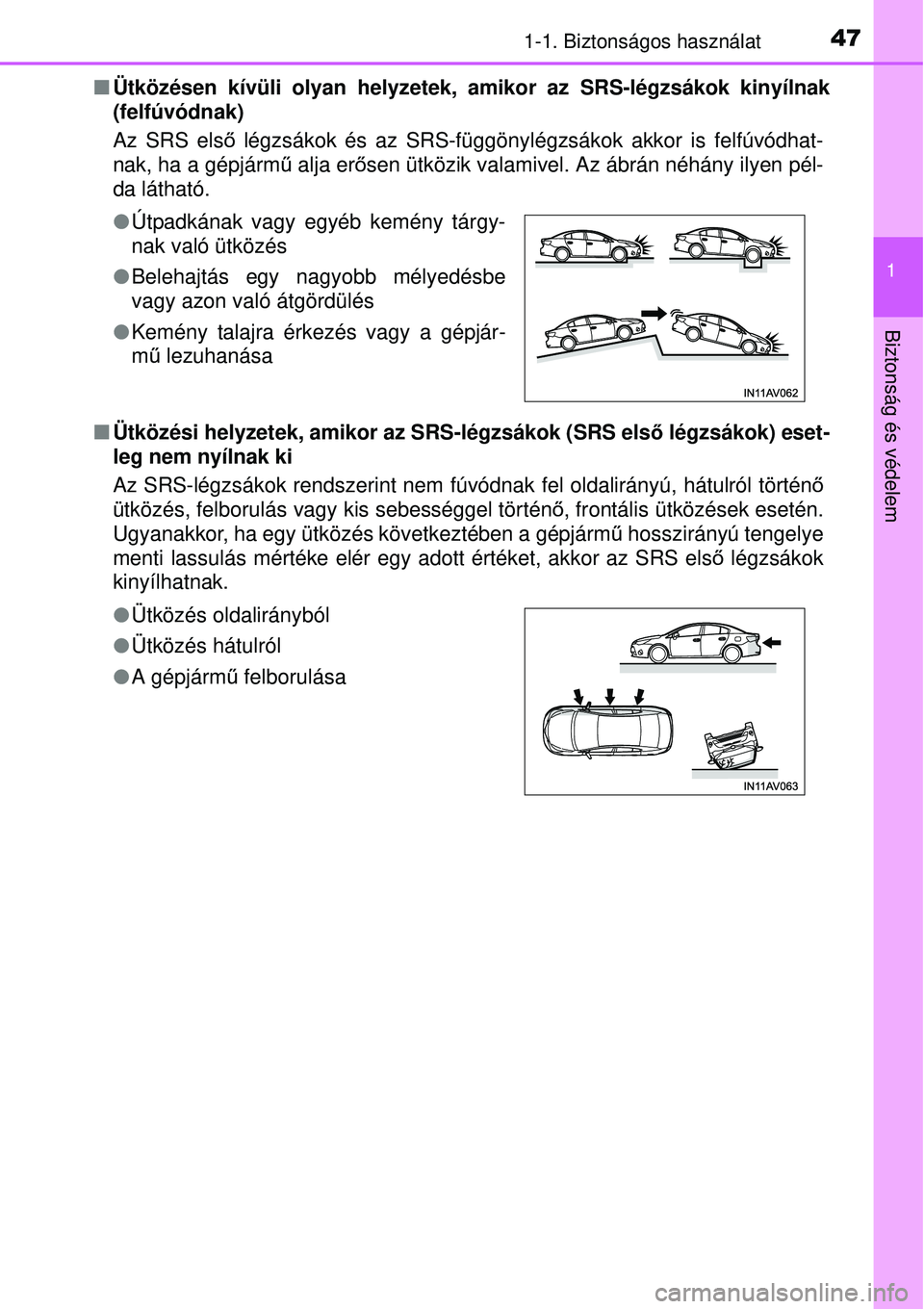 TOYOTA AVENSIS 2015 Kezelési útmutató (in Hungarian) 471-1. Biztonságos használat
1
Biztonság és védelem
Ütközésen kívüli olyan helyzetek, amikor az SRS-légzsá\
kok kinyílnak
(felfúvódnak)
Az SRS els ő légzsákok és az SRS-függöny TOYOTA AVENSIS 2015 Kezelési útmutató (in Hungarian) 471-1. Biztonságos használat
1
Biztonság és védelem
Ütközésen kívüli olyan helyzetek, amikor az SRS-légzsá\
kok kinyílnak
(felfúvódnak)
Az SRS els ő légzsákok és az SRS-függöny