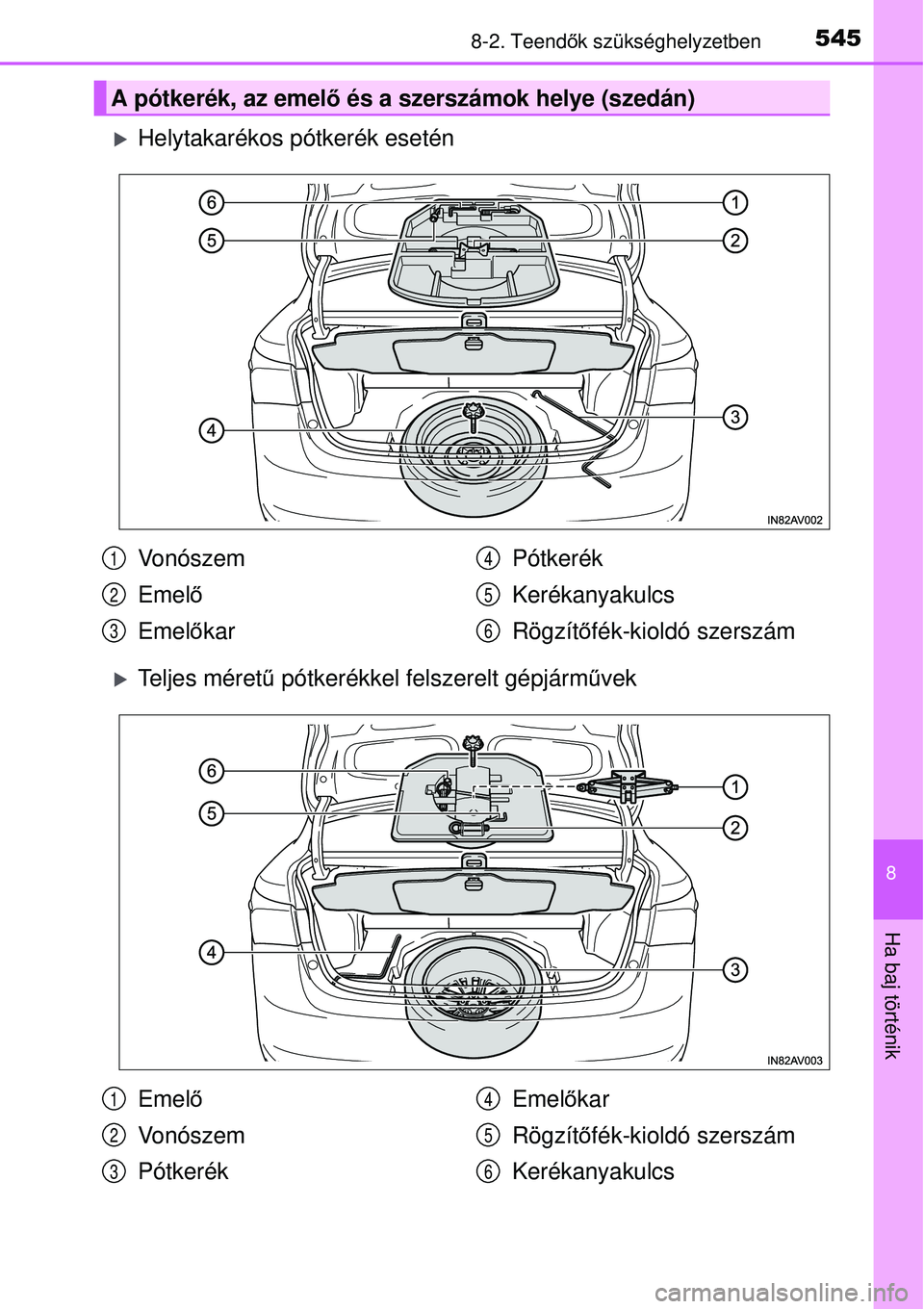 TOYOTA AVENSIS 2015  Kezelési útmutató (in Hungarian) 5458-2. Teendők szükséghelyzetben
8
Ha baj történik
Helytakarékos pótkerék esetén
Teljes méretű  pótkerékkel felszerelt gépjárm űvek
A pótkerék, az emel ő és a szerszámok he